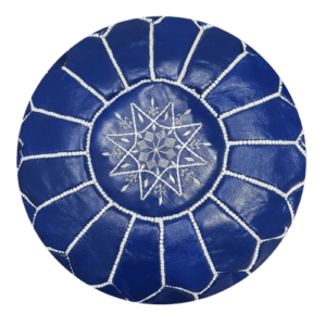 Puf de cuero marroqui azul brillante y blanco
