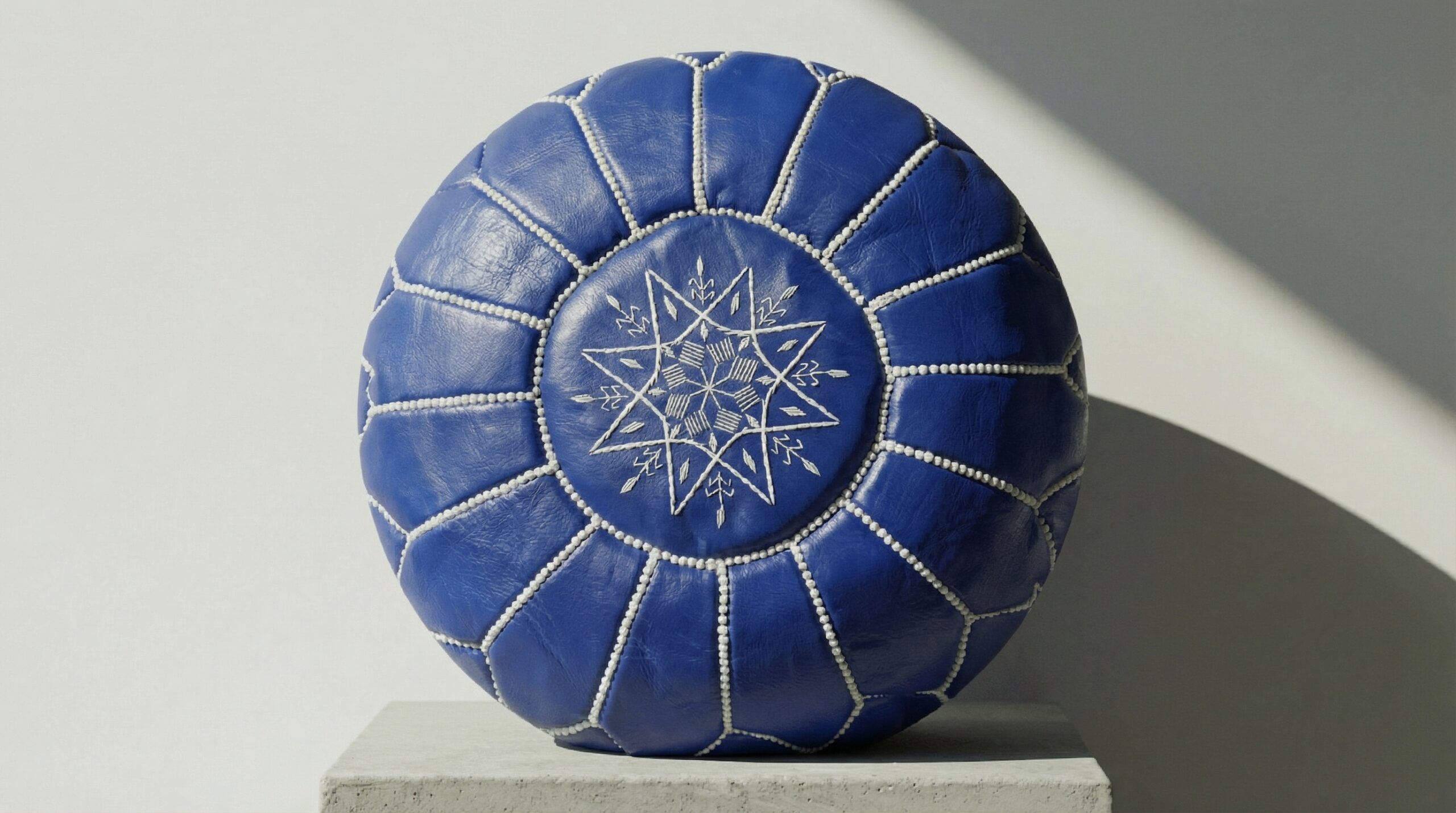 Moroccan Leather Pouf, Bright Blue and White