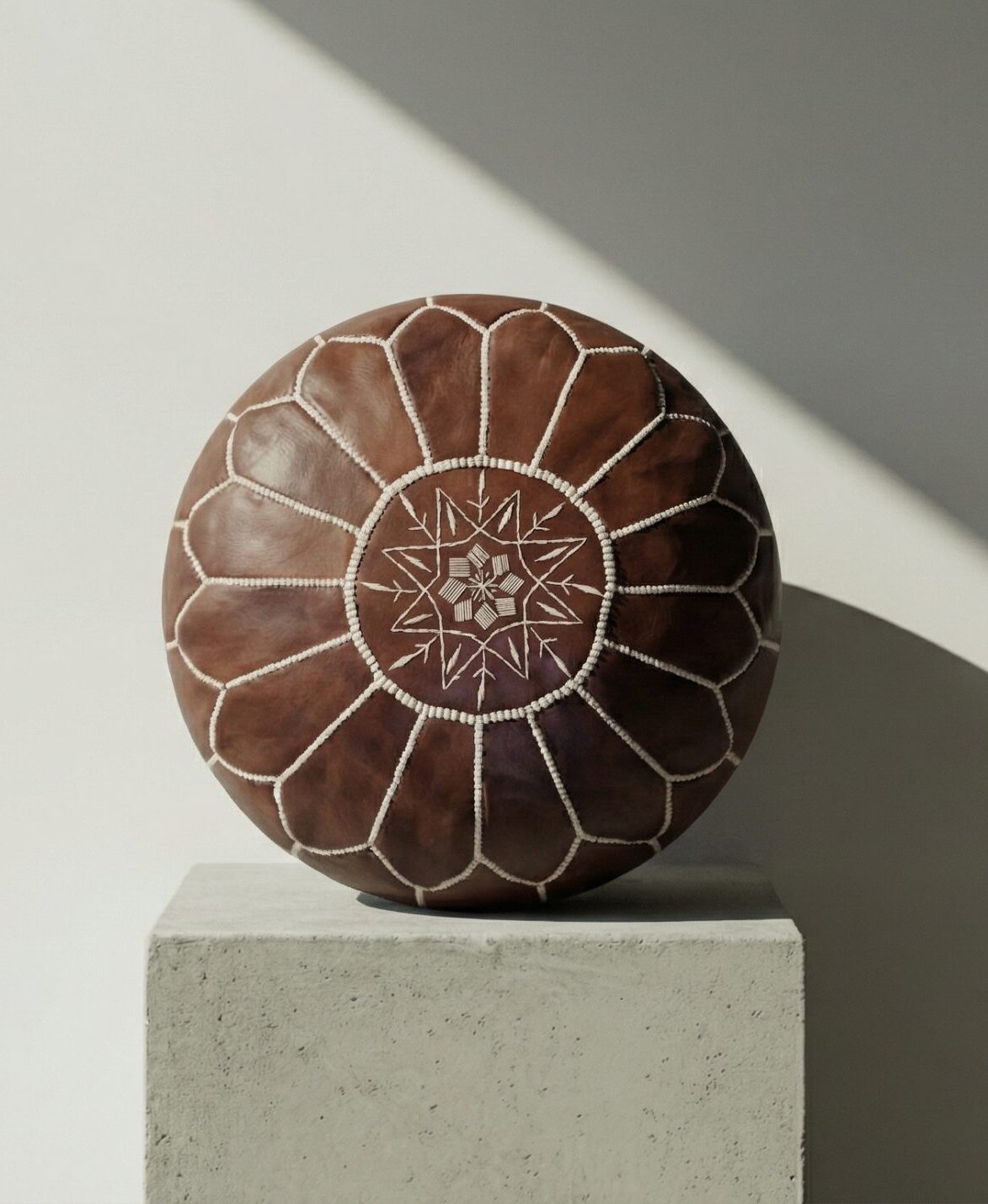 Moroccan Leather Pouf, Chocolate and Tan