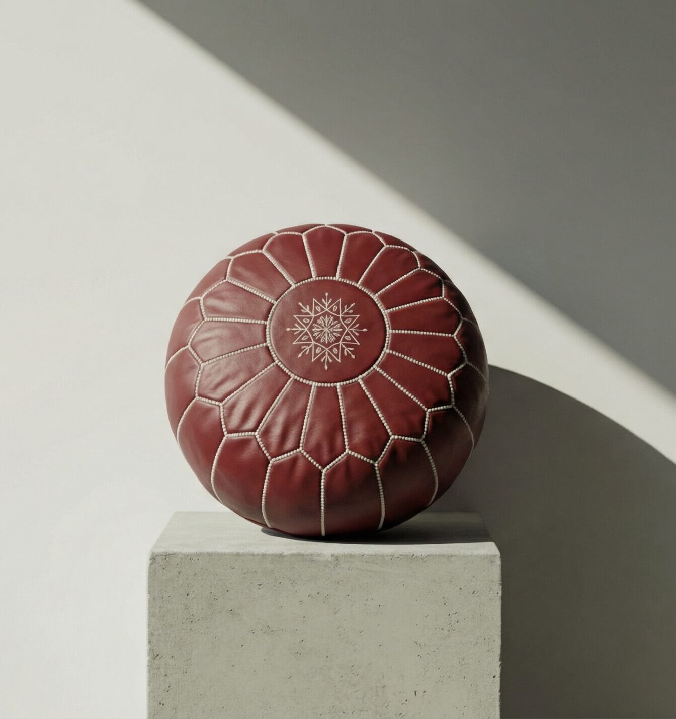 Maroon and White Moroccan Leather Pouf