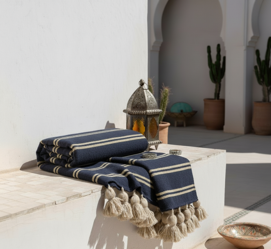 Manta Marroquí Purpurina Negro y Amarilla Mostaza a Rayas