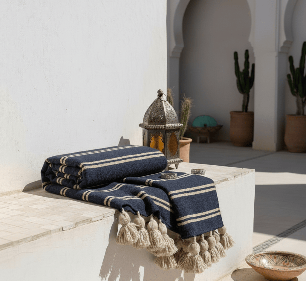 Manta Marroquí Purpurina Negro y Amarilla Mostaza a Rayas