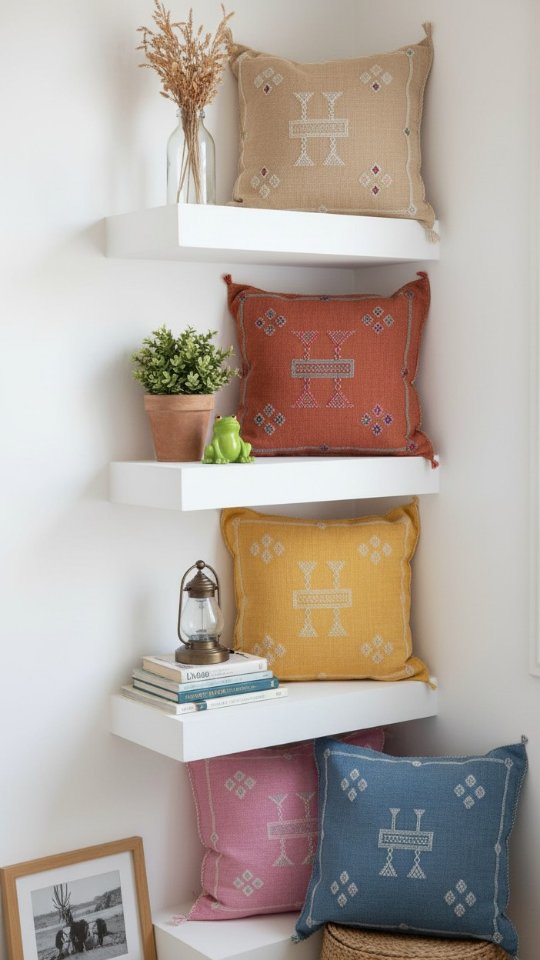 Estantería esquinera blanca que muestra cuatro cojines cuadrados apilados y decorados. Los cojines tienen bordados de símbolos bereberes en colores tierra, rojo óxido, mostaza y azul, con pequeños objetos decorativos como un farol, plantas y un marco de fotos.