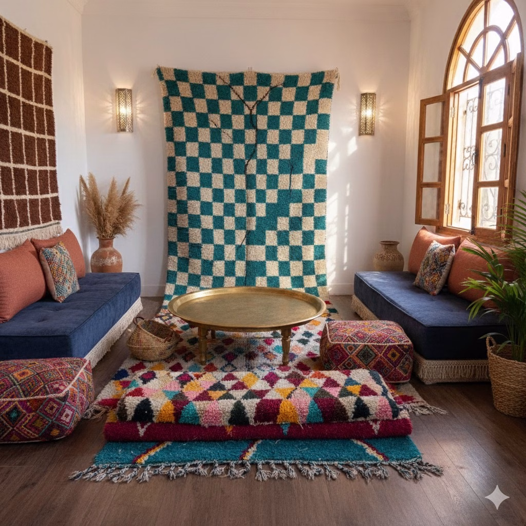 Alfombra marroquí artesanal con patrones geométricos y colores cálidos, colocada en una sala de estar decorada al estilo marroquí.