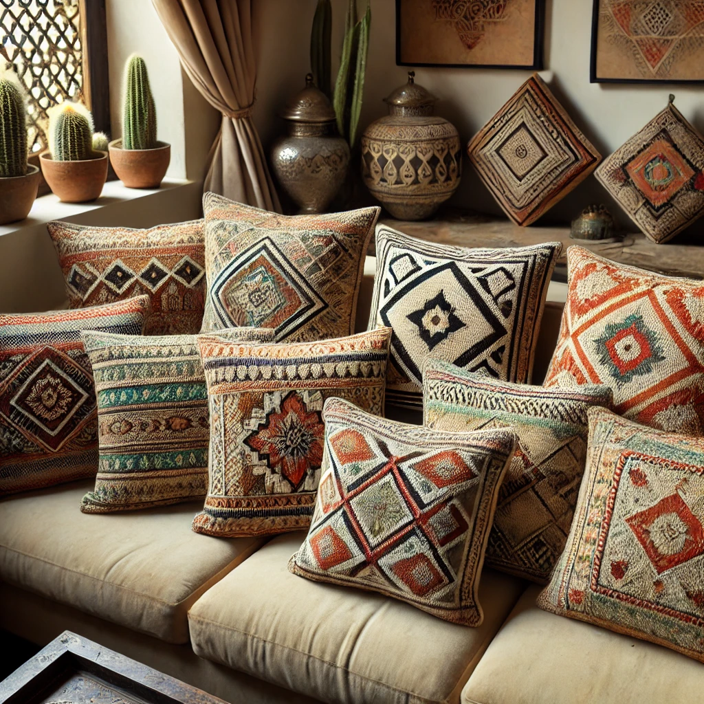 Handmade Moroccan decorative cushions with Berber geometric patterns, made from sabra fiber.