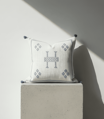 Funda de Cojín Marroquí de Seda de Cactus | Blanco y Azul | 45x45 cm-copy-0