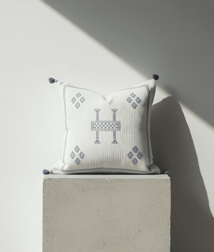 Funda de Cojín Marroquí de Seda de Cactus | Blanco y Azul | 45x45 cm-copy-0