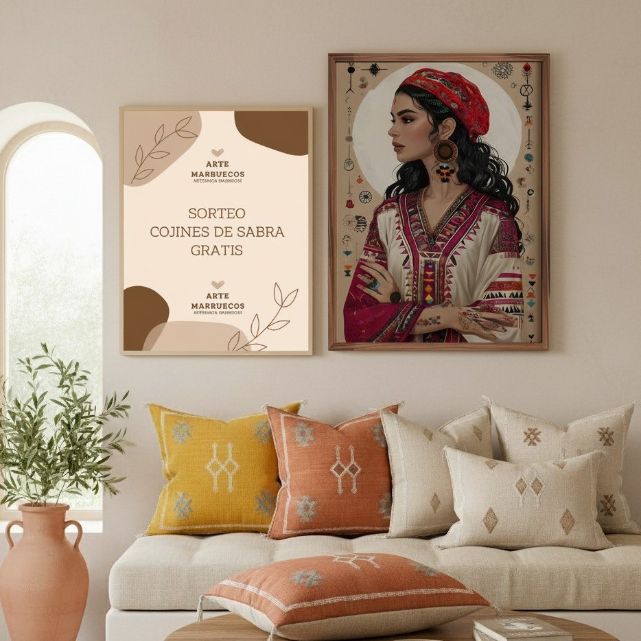 Un salón luminoso con un sofá beige, cojines decorativos de colores vibrantes y dos cuadros en la pared, uno con diseño de sorteo de cojines y otro con una ilustración de mujer