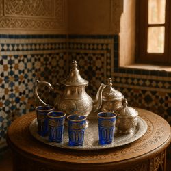 Juego de Té Árabe Completo con Tetera, Bandeja, Vasos y Azucarero Hecho a Mano en Marruecos