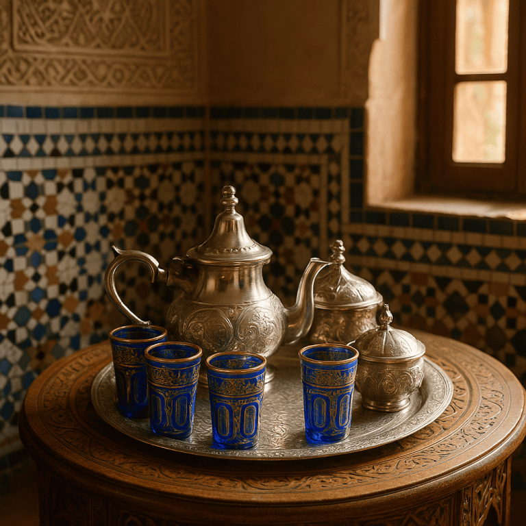 Juego de Té Árabe Completo con Tetera, Bandeja, Vasos y Azucarero Hecho a Mano en Marruecos