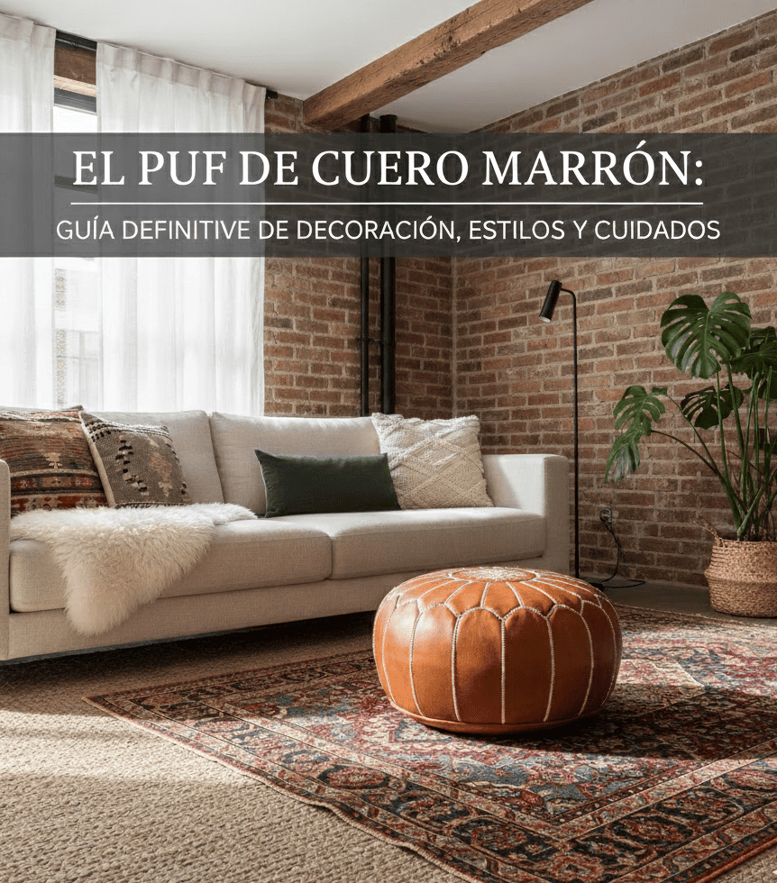 Sala de estar con puf redondo de cuero marrón, sofá beige, cojines étnicos, manta de piel de oveja, alfombra persa, planta monstera, pared de ladrillo y vigas de madera.