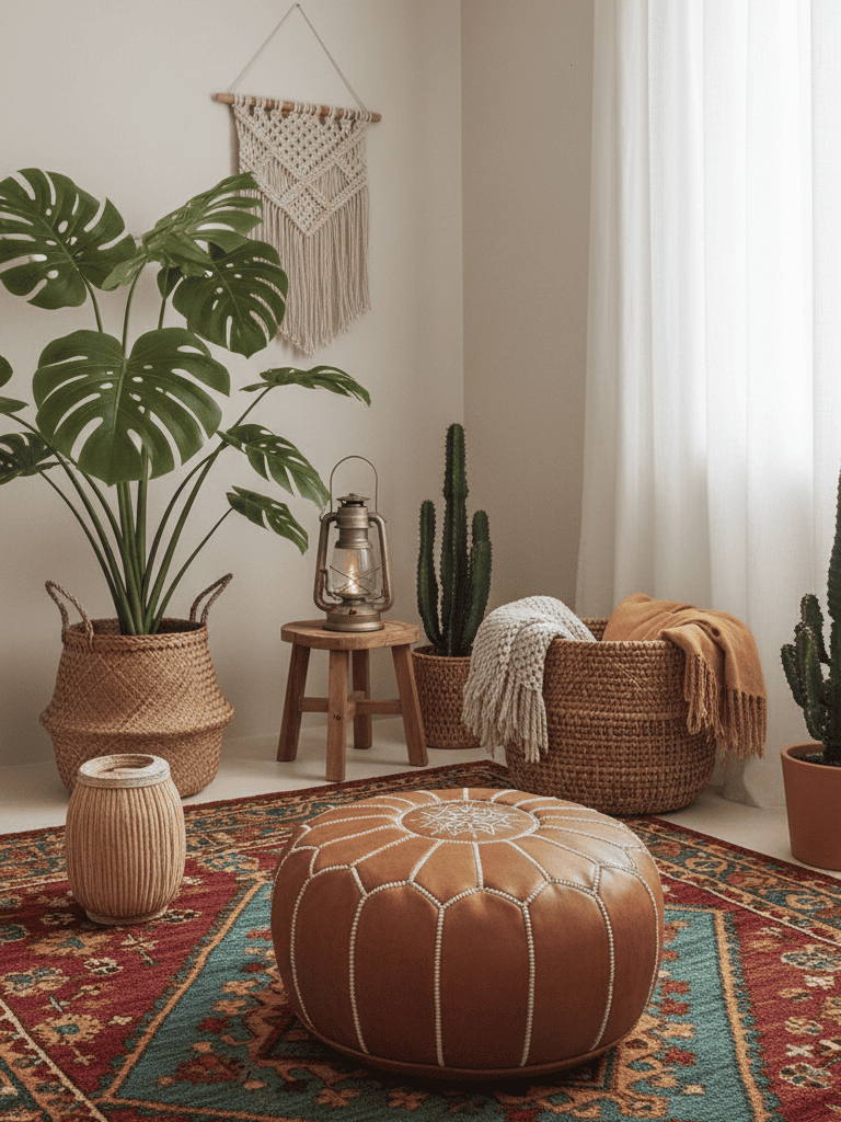 Rincón bohemio con puf de cuero marrón marroquí, alfombra persa, monstera y decoración natural.