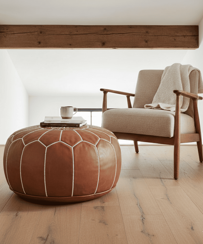 Puf redondo de cuero marrón caramelo con costuras blancas, junto a butaca de lino beige, sobre suelo de madera clara y con viga de madera vista en techo blanco.