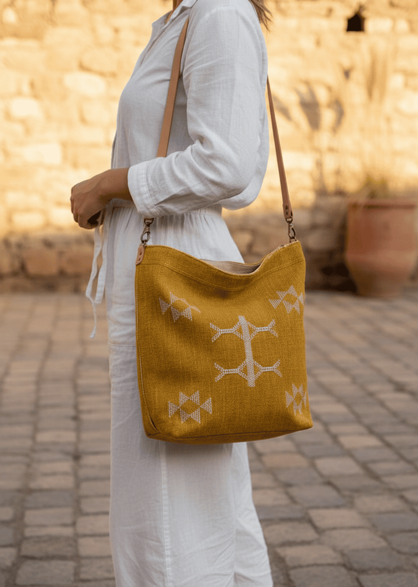 Bolso Bandolera Artesanal Sabra | Mostaza con Símbolos Bereberes y Cuero Natural