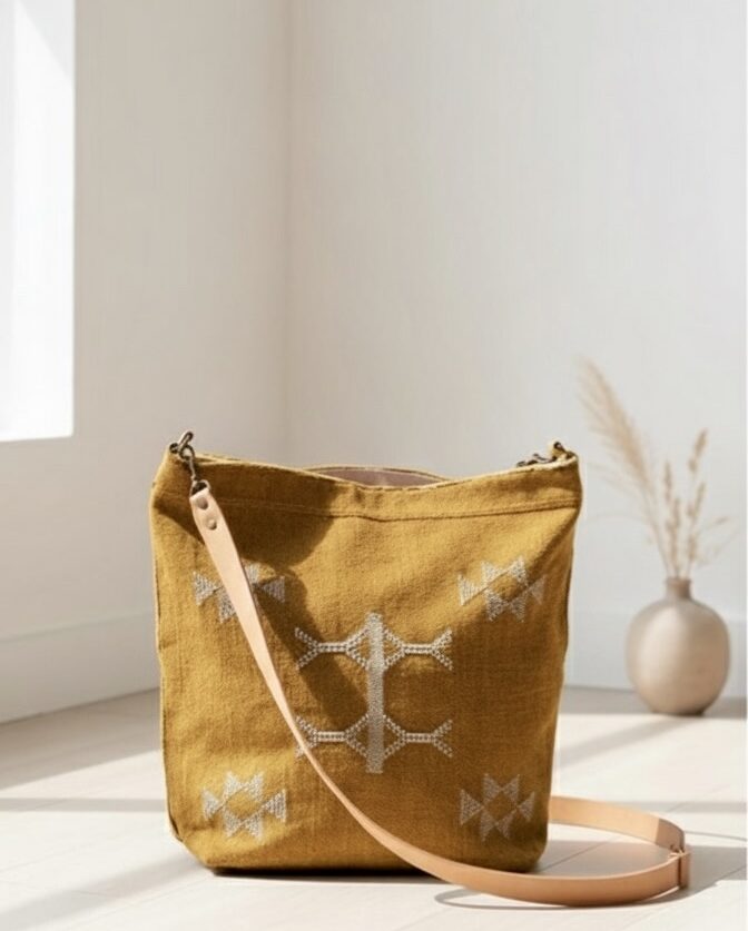 Bolso Bandolera Artesanal Sabra | Amarillo Mostaza con Símbolos Bereberes y Cuero Natural