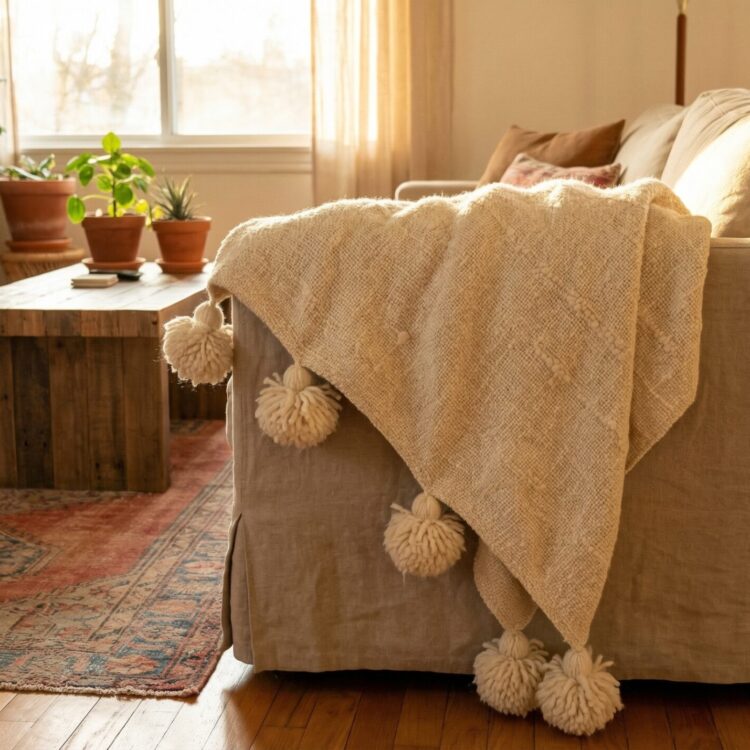 Una gran manta marroquí texturizada de color crema con pompones tradicionales, drapeada casualmente sobre un sofá de lino en un salón de estilo bohemio cálido, iluminado por la luz dorada del sol. Al fondo se aprecian muebles de madera natural, plantas y una alfombra bereber.