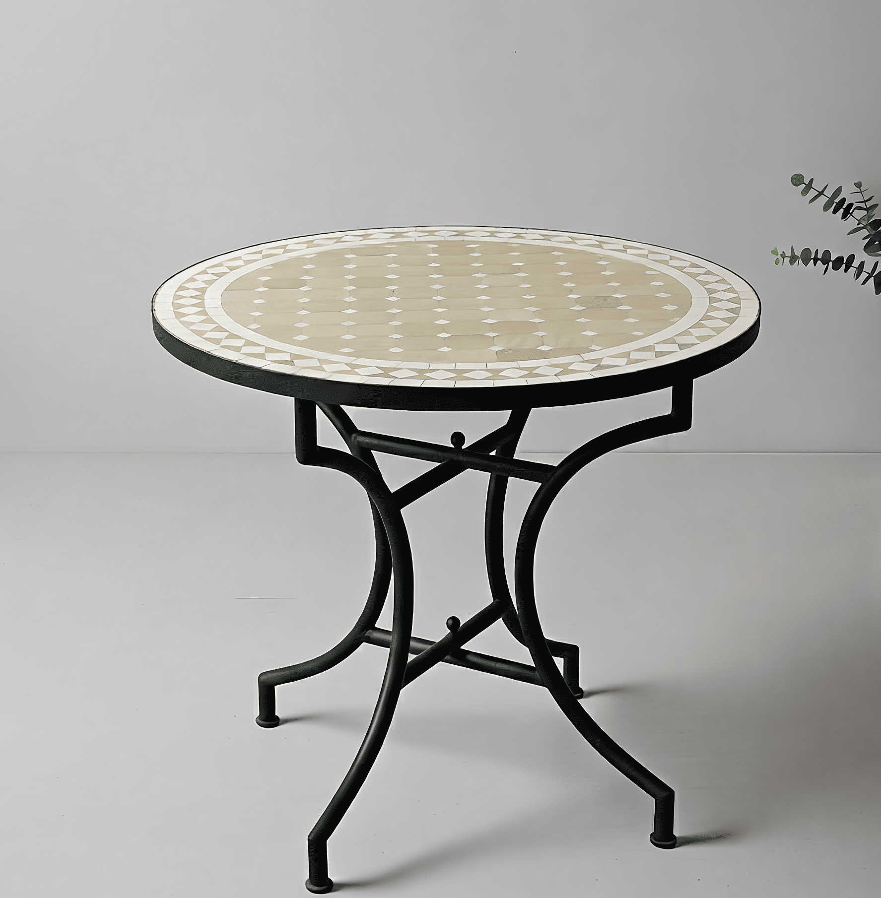 Marokkanischer Mosaik-Gartentisch – Beige und Weiß