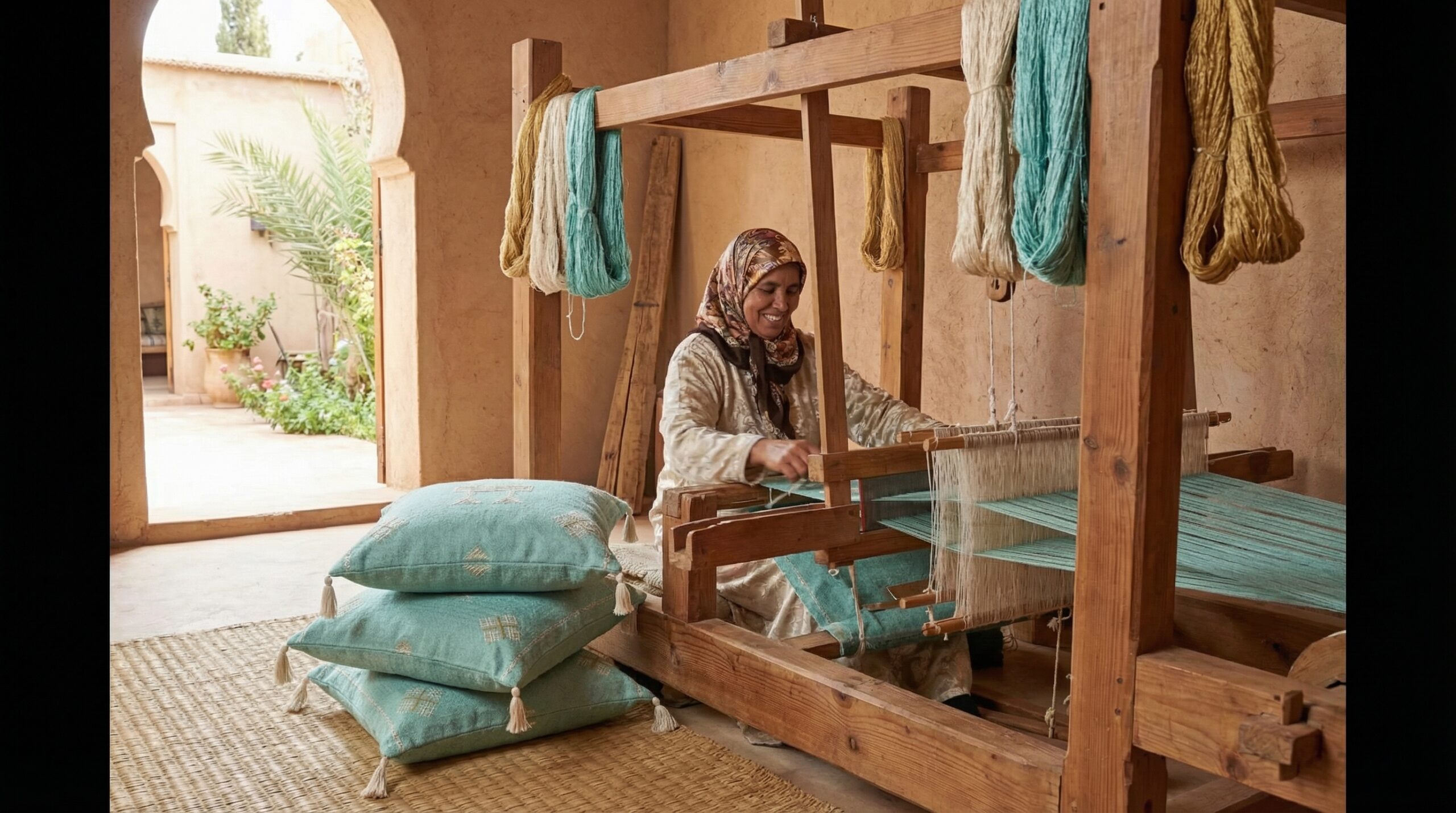 Cuscini sabra intrecciati artigianalmente in Marocco