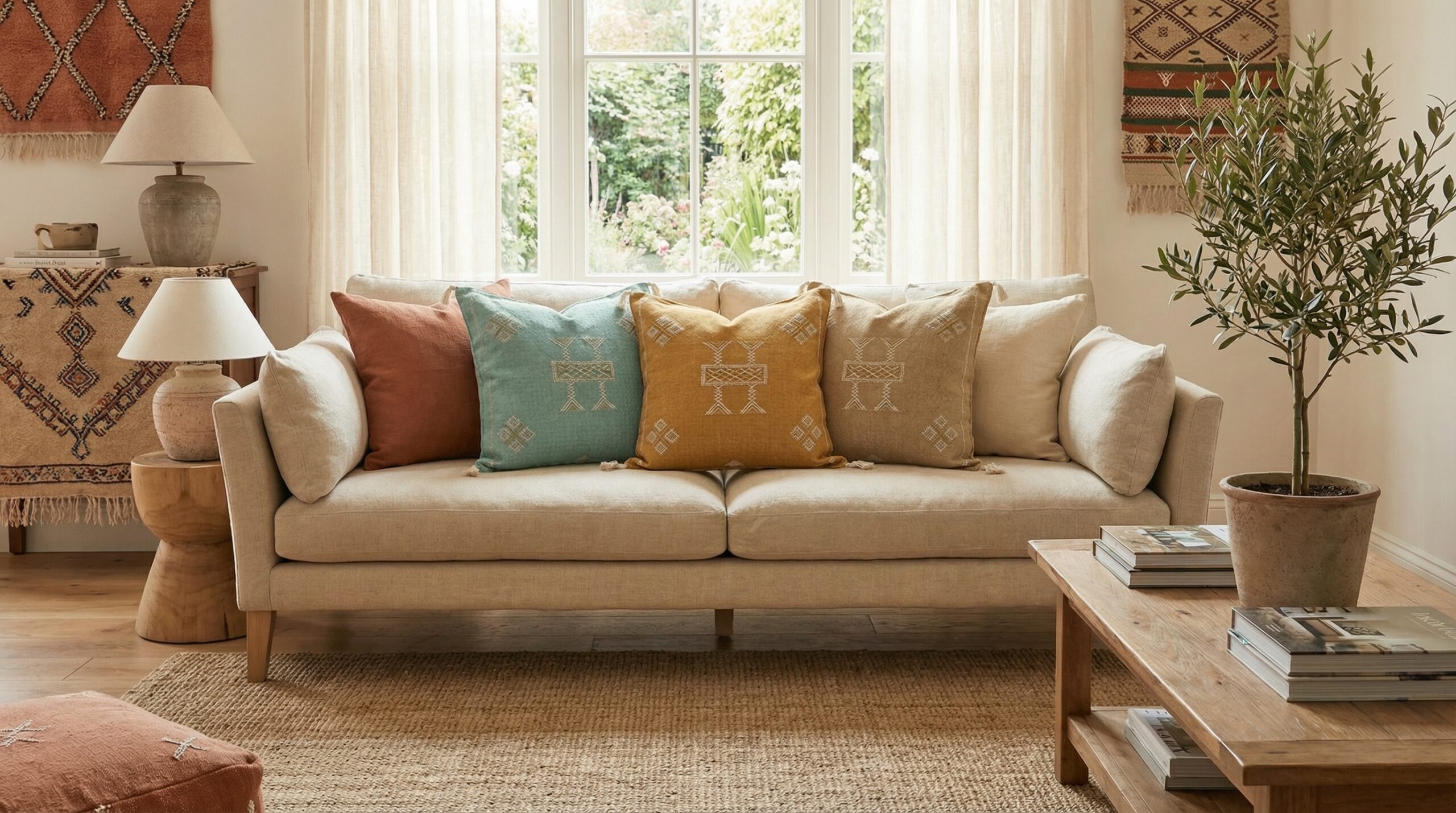 Soggiorno decorato con cuscini sabra in diversi stili