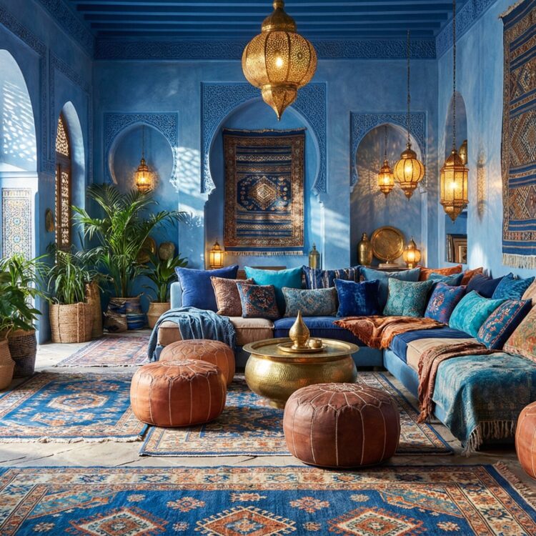Salón de lujo estilo bohemio inspirado en Chefchaouen con alfombras Kilim azules superpuestas, pufs de cuero marroquí color caramelo, faroles de latón proyectando sombras y plantas en cestas de mimbre bajo luz natural.