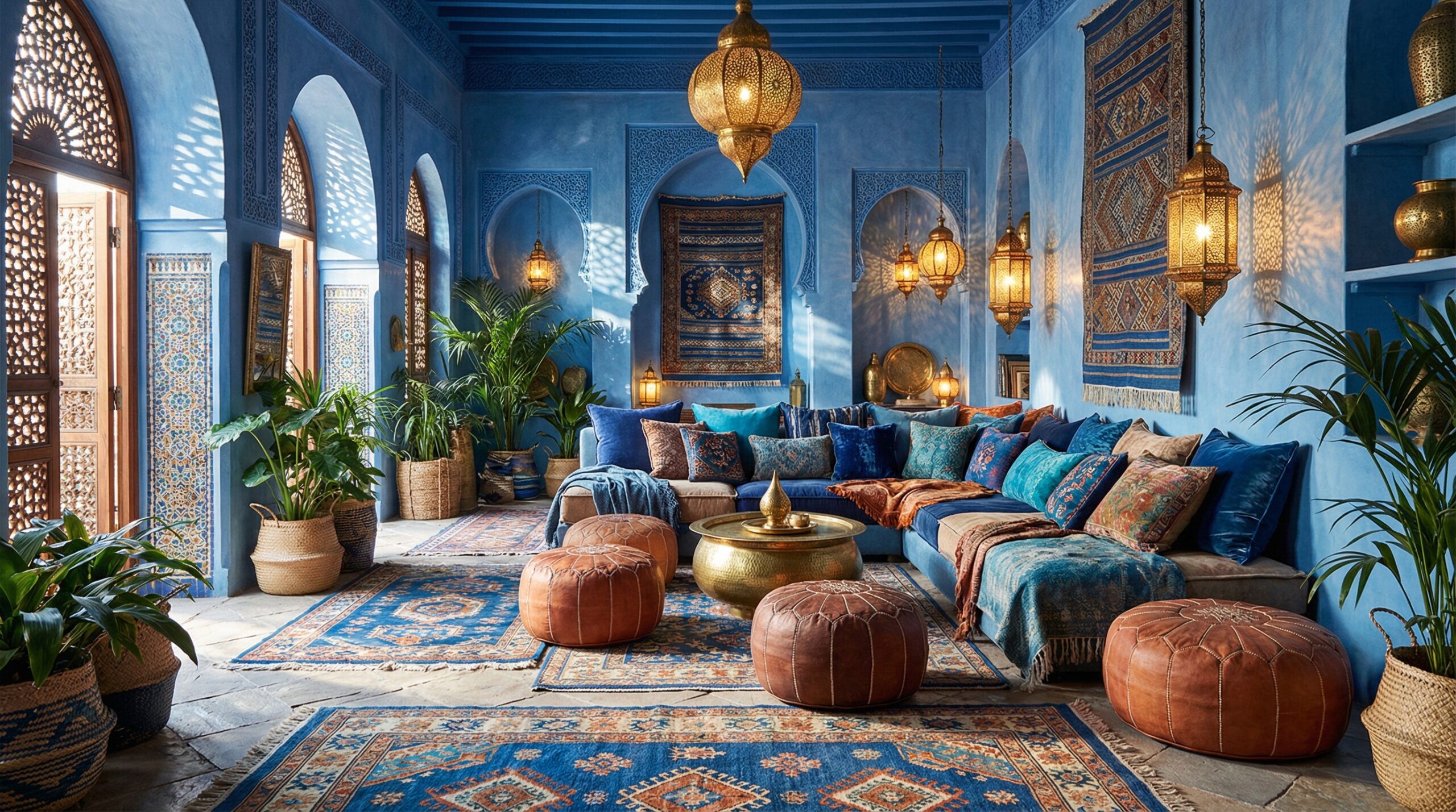Salón de lujo estilo bohemio inspirado en Chefchaouen con alfombras Kilim azules superpuestas, pufs de cuero marroquí color caramelo, faroles de latón proyectando sombras y plantas en cestas de mimbre bajo luz natural.