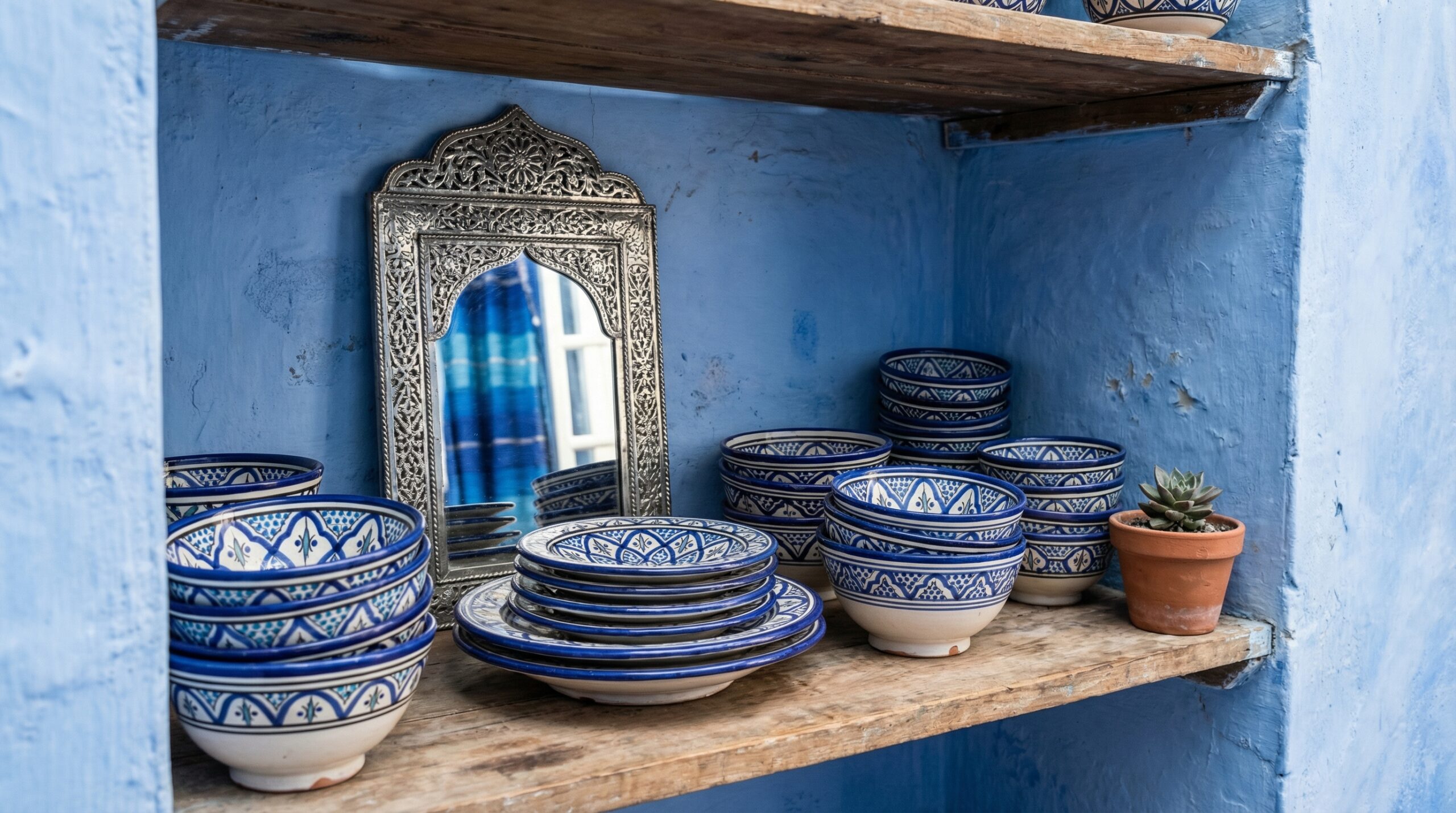 Primer plano de una estantería en un Riad azul mostrando pilas de cuencos y platos de cerámica de Fez pintados a mano. Al lado, un pequeño espejo de plata labrada refleja textiles azules y hay una pequeña maceta con una suculenta.