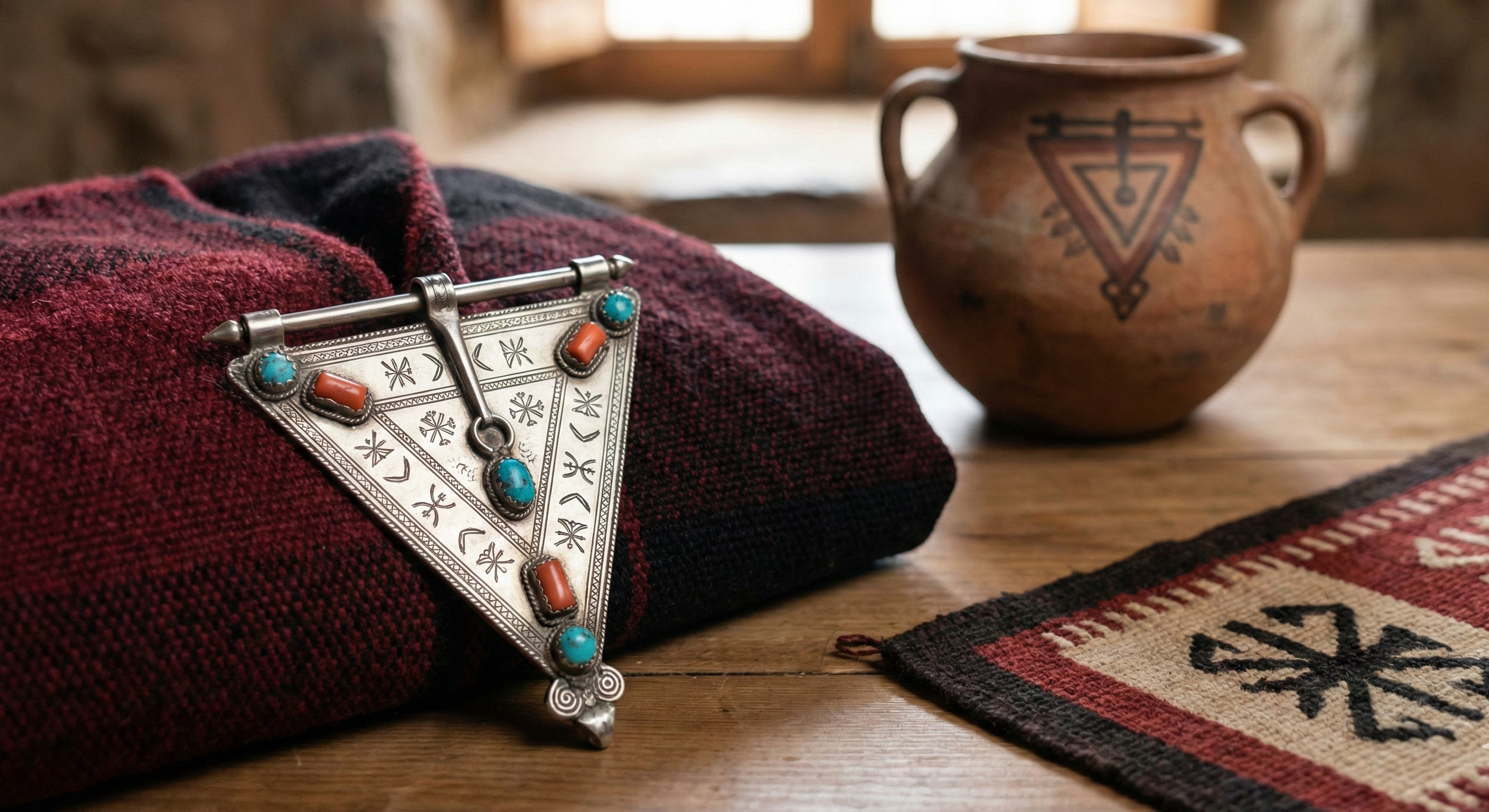 Broche tradicional amazigh (Fíbula) de plata con forma triangular colocado sobre un tejido marroquí, simbolizando la feminidad y la protección del hogar.