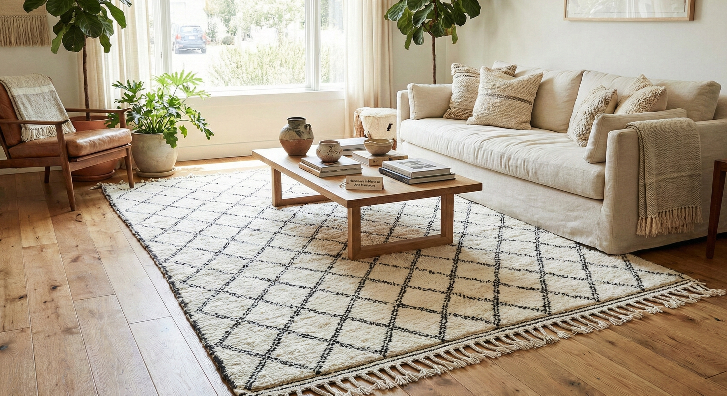 Salón de estilo moderno y Boho-Chic decorado con una alfombra bereber auténtica Beni Ouarain de lana blanca y rombos negros, aportando calidez y artesanía única.