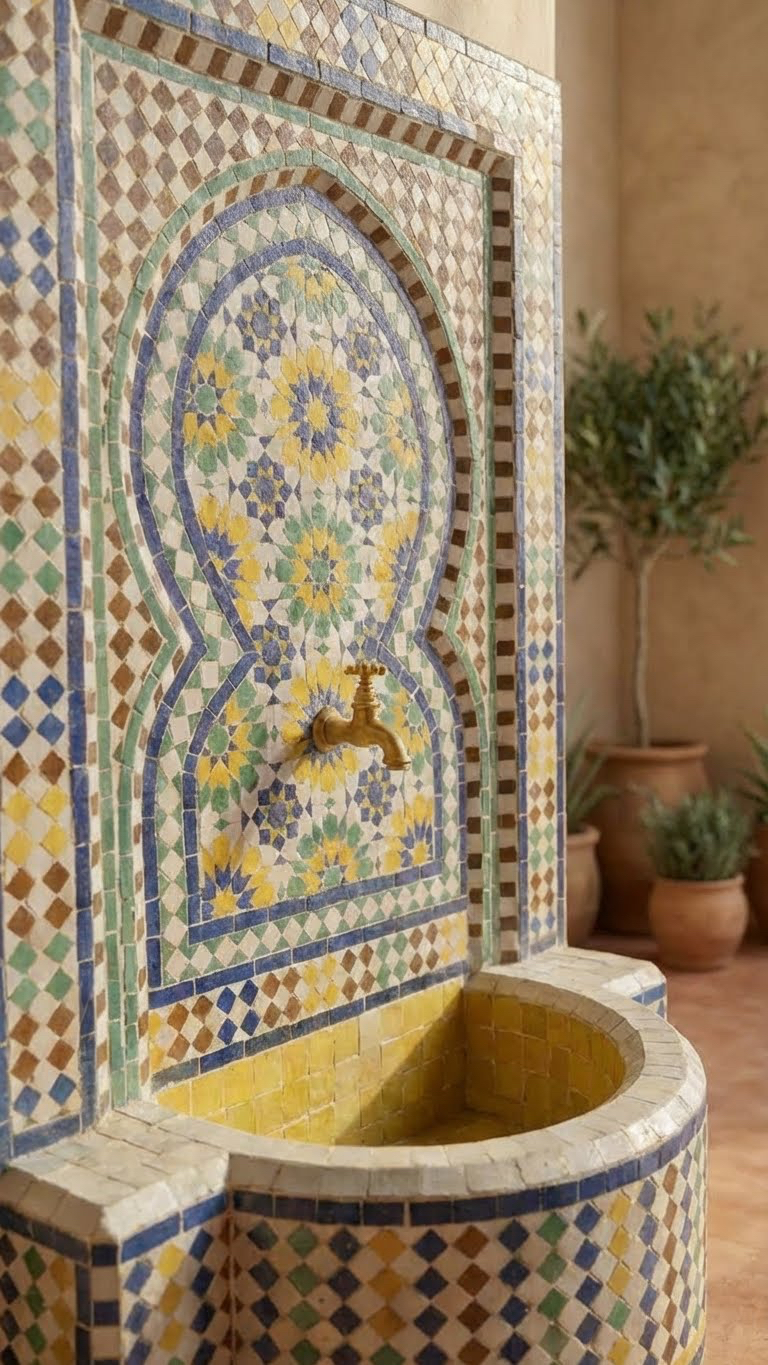 A vertical shot of a Moroccan-style wall fountain covered in intricate geometric mosaic tiles. The fountain features a rectangular back panel with a decorative Moorish arch design in yellow, blue, green, and brown tiles. A brass spigot protrudes from the center of the arch. The base consists of a semi-circular basin with a yellow interior and a diamond-patterned exterior. The fountain sits on a terracotta tile floor against a warm beige stucco wall, with a potted olive tree visible in the blurred background.