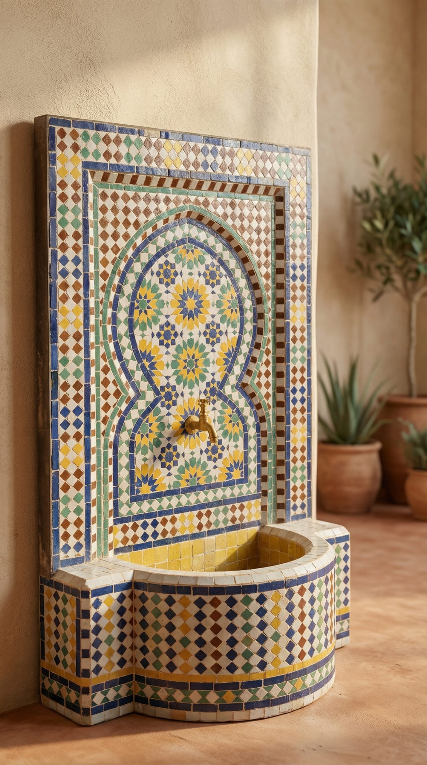 Una toma vertical de una fuente de pared de estilo marroquí recubierta de intrincados mosaicos geométricos. La fuente tiene un panel trasero rectangular con un diseño decorativo de arco de herradura (morisco) en azulejos amarillos, azules, verdes y marrones. Un grifo de latón sobresale del centro del arco. La base consta de una pila semicircular con el interior amarillo y el exterior decorado con un patrón de diamantes. La fuente está situada sobre un suelo de baldosas de terracota contra una pared de estuco beige cálido, con un olivo en maceta visible en el fondo desenfocado.