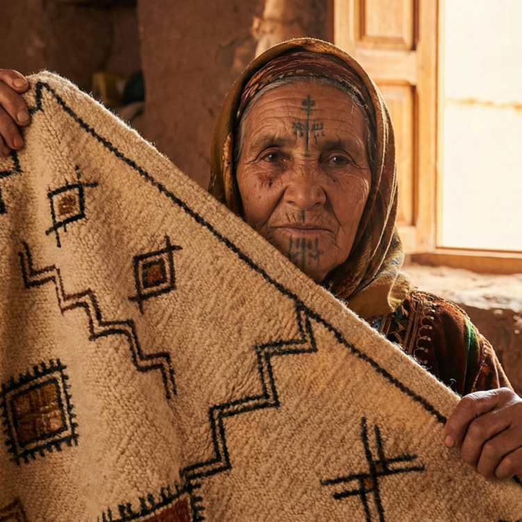 Retrato de portada de una anciana mujer amazigh con tatuajes faciales tradicionales sosteniendo una alfombra marroquí artesanal con símbolos geométricos, mostrando la conexión cultural entre la piel y la lana.