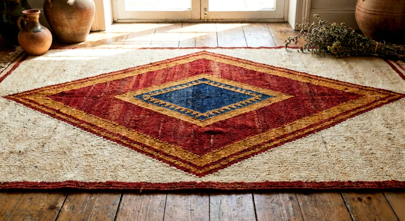 Detalle de alfombra marroquí con diseño de rombo concéntrico (Lozange) que simboliza la fertilidad femenina, el útero y la protección familiar en la cultura amazigh.
