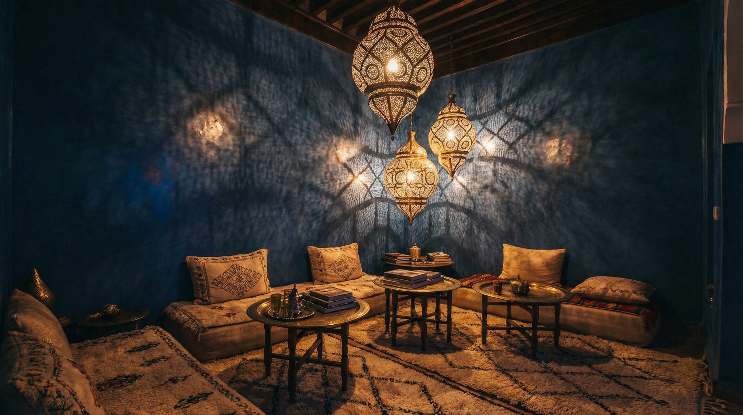 Rincón de salón de noche iluminado por faroles marroquíes de metal perforado en el suelo, proyectando sombras geométricas complejas sobre una pared azul texturizada, creando un ambiente cálido y misterioso.