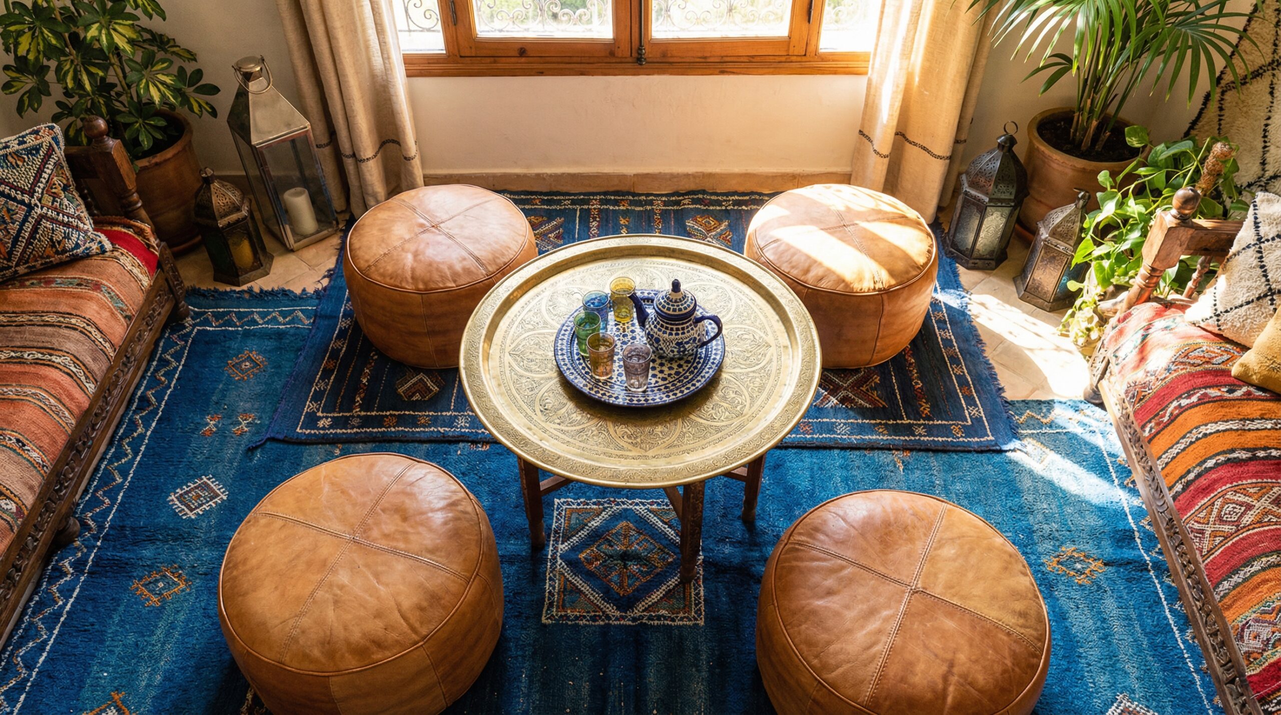 Vista aérea de una zona de estar acogedora estilo marroquí. Varios pufs de cuero color tostado rodean una mesa baja de latón grabada con un juego de té de mosaico azul y blanco. El suelo está cubierto con alfombras bereberes azules superpuestas.