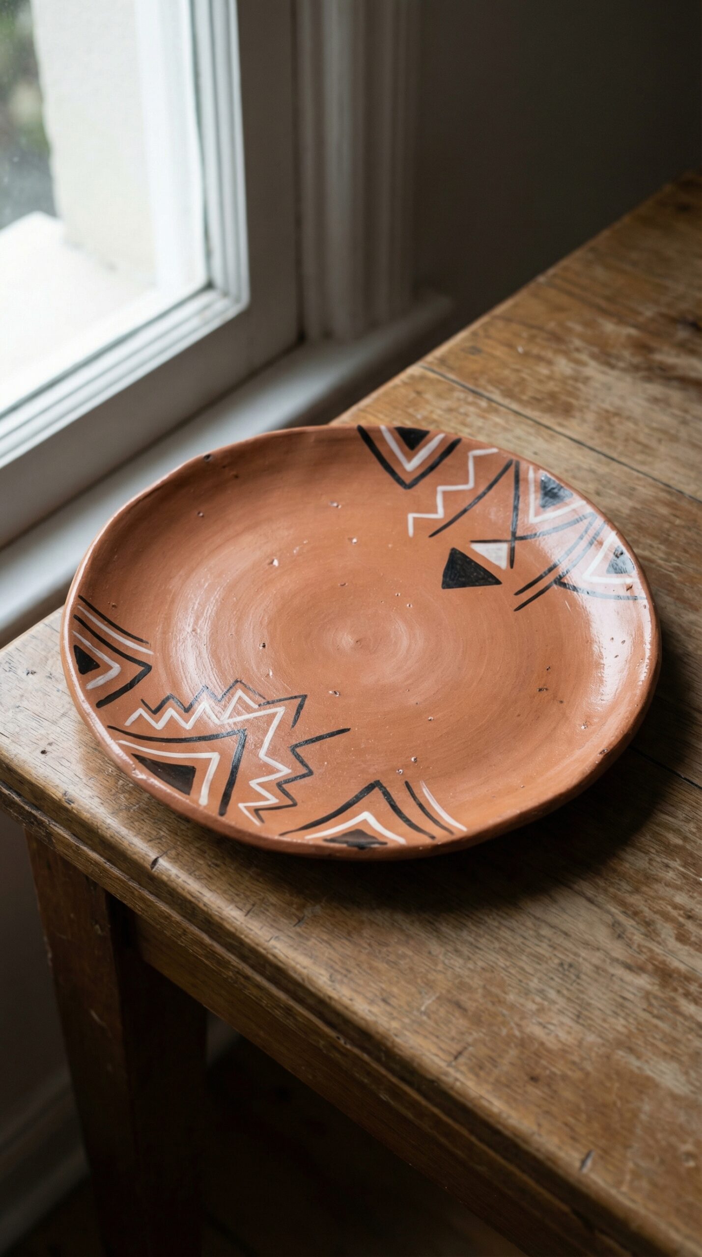 Plato de cerámica marroquí artesanal de 21cm sobre mesa de madera rústica, diseño minimalista bereber con patrones tribales en negro sobre terracota natural, estilo wabi-sabi y decoración boho chic