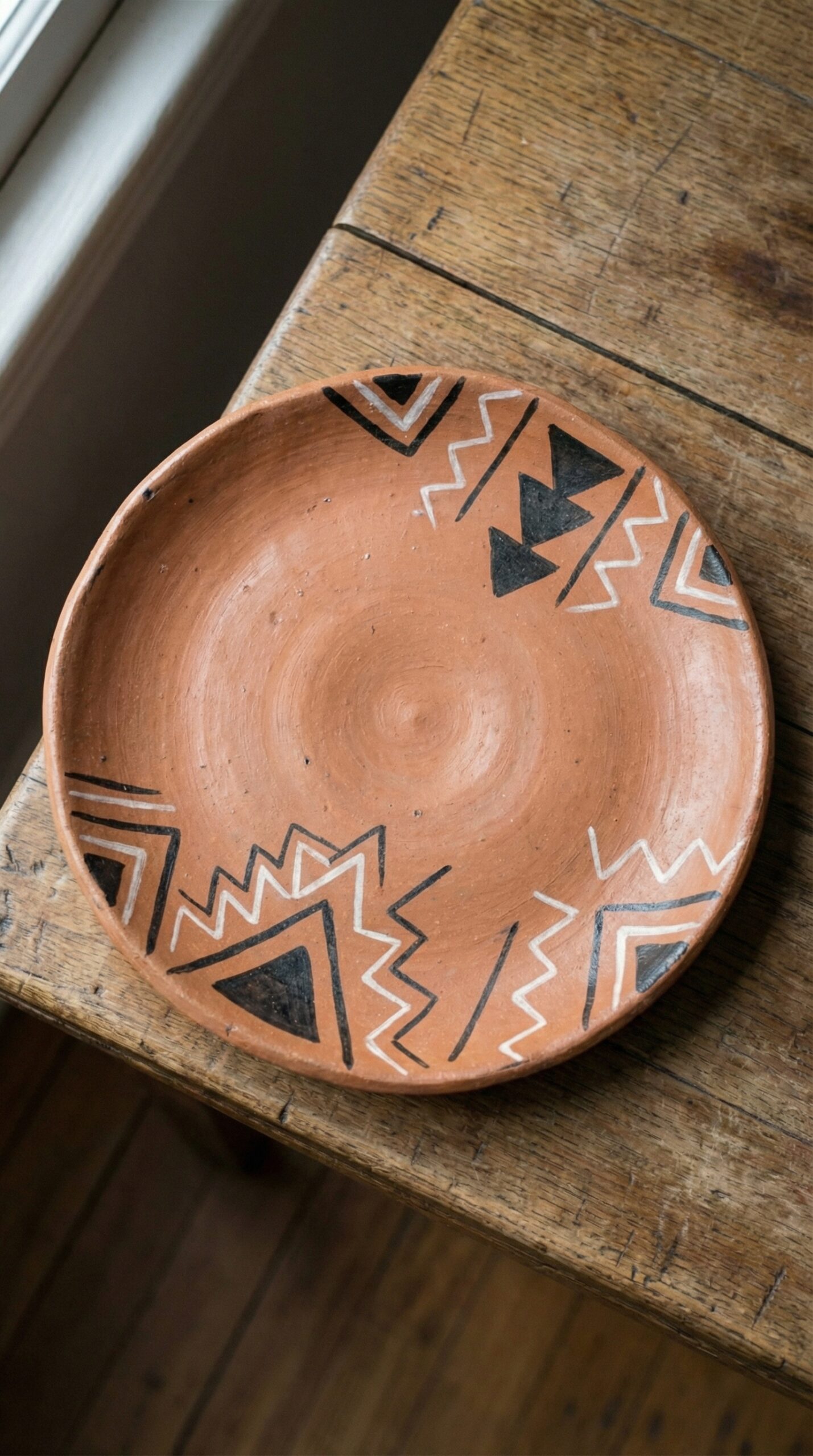 Plato de cerámica marroquí artesanal de 21cm sobre mesa de madera rústica, diseño minimalista bereber con patrones tribales en negro sobre terracota natural, estilo wabi-sabi y decoración boho chic