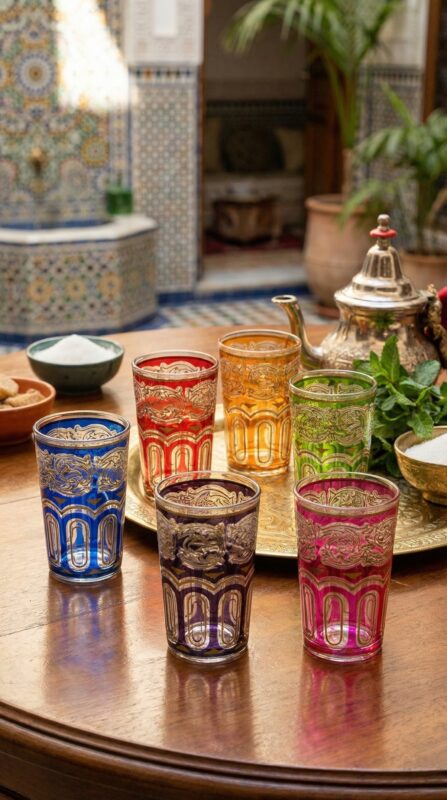 Set de 6 Vasos de Té Marroquíes – Multicolor con Filigrana Plateada