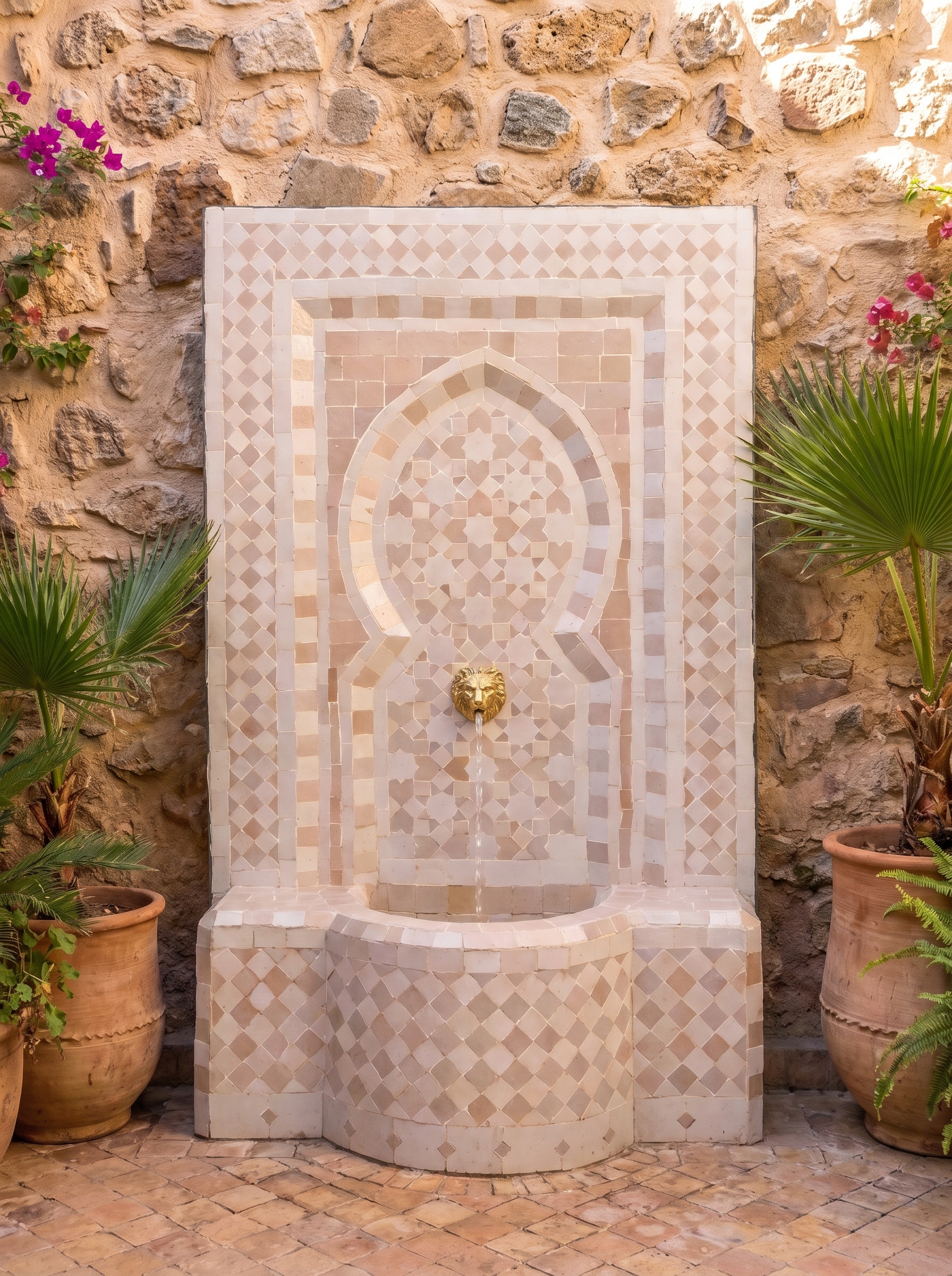 Fuente árabe de mosaico con arco beige y blanca