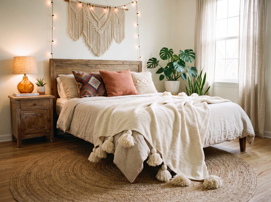 Dormitorio de estilo boho chic con cama de matrimonio decorada con una colcha beige y una manta marroquí blanca con pompones grandes de algodón en el pie de cama. Al fondo, un cabecero de madera, un tapiz de macramé y una planta Monstera junto a la ventana.